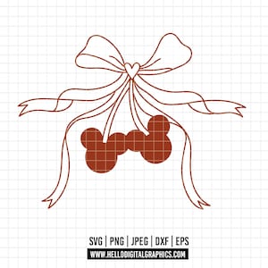 Puede incluir: Un diseño de arte lineal marrón de un lazo con un corazón en el centro y cintas. Debajo del lazo hay tres círculos conectados. La imagen incluye el texto "SVG | PNG | JPEG | DXF | EPS" y la dirección del sitio web "WWW.HELLODIGITALGRAPHICS.COM".