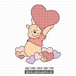 2686 - Winnie de Poeh schattig SVG, PNG, EPS-Winnie de Poeh Kawai clipartvector. Winnie Pooh hart dtf. Valentijnsdag van Winnie Pooh