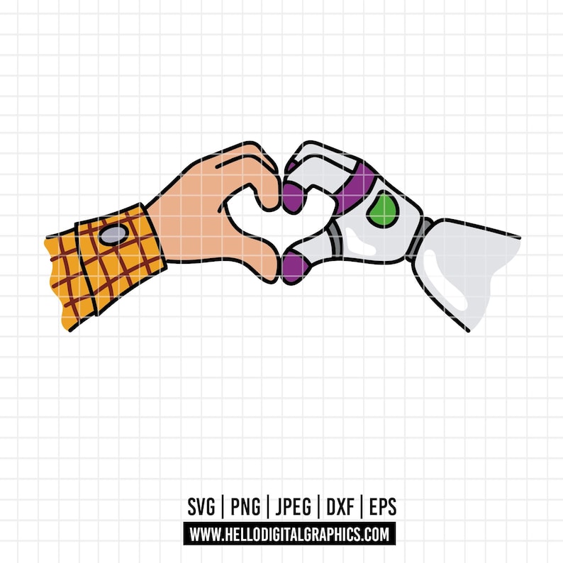 May include: A cartoon illustration of two hands forming a heart shape. One hand is a human hand with a yellow plaid sleeve, and the other is a robotic hand with purple and green accents. The image includes the text "SVG | PNG | JPEG | DXF | EPS" and a website address.