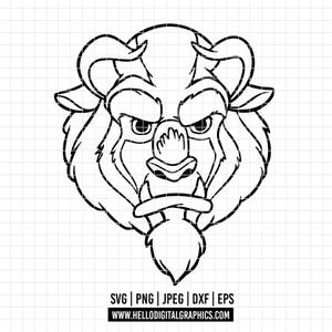 May include: Black and white line art of a beast's face, featuring a detailed depiction of the character's features. The image includes the text "SVG | PNG | JPEG | DXF | EPS" and the website address "WWW.HELLODIGITALGRAPHICS.COM".