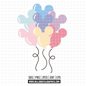 Könnte beinhalten: Ein Cluster pastellfarbener Ballons in Form eines Mäusekopfes. Die Ballons sind in den Farbtönen Rosa, Gelb, Blau, Lila und Pfirsich gehalten, mit braunen Bändern. Das Bild enthält den Text "SVG | PNG | JPEG | DXF | EPS" und eine Website-Adresse.