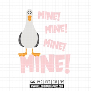 Può includere: Un gabbiano dei cartoni animati con corpo bianco, ali nere e zampe e becco arancioni. La parola "MINE!" è ripetuta in rosa, con i tipi di file grafici e l'indirizzo del sito web in basso.