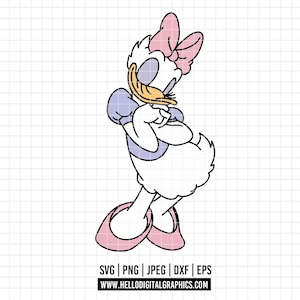 May include: Daisy Duck cartoon character in a vector graphic. Daisy is depicted in a standing pose, wearing a pink bow, shoes, and a light purple top. The image is outlined in black with a white background. The image includes the text "SVG | PNG | JPEG | DXF | EPS" and the website address.