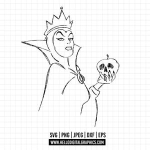 2160 - Evil Queen to snow white line art SVG, EPS, PNG - Disneyy villains clipart. Evil Queen dtf. Snow white&#39;s villains