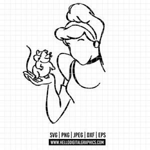 2433 - Cinderella and Gus SVG, PNG, EPS - Disneyy Princess Cinderella sketch clipart vector. Cinderella Line art svg. Cinderella dtf