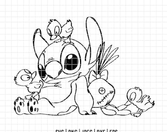 3193 - Stitch e Scrump con anatroccoli SVG, EPS, PNG - Clipart vettoriali di Lilo e Stitch. Contorno di Stitch in formato DTF. Silhouette di Stitch. Disegno al tratto di Stitch