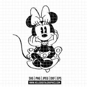 2410 - Minniee outline - line art SVG, EPS, PNG - Classic Minniee Clipart Vector. The popular mouse for stamp. dissney Minnie mouse dtf