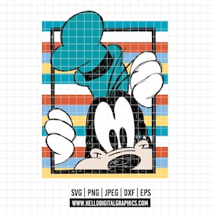 May include: A cartoon illustration of Goofy, framed within a black rectangle against a striped background of blue, orange, and yellow. The image includes the text "SVG | PNG | JPEG | DXF | EPS" and the website address "WWW.HELLODIGITALGRAPHICS.COM".