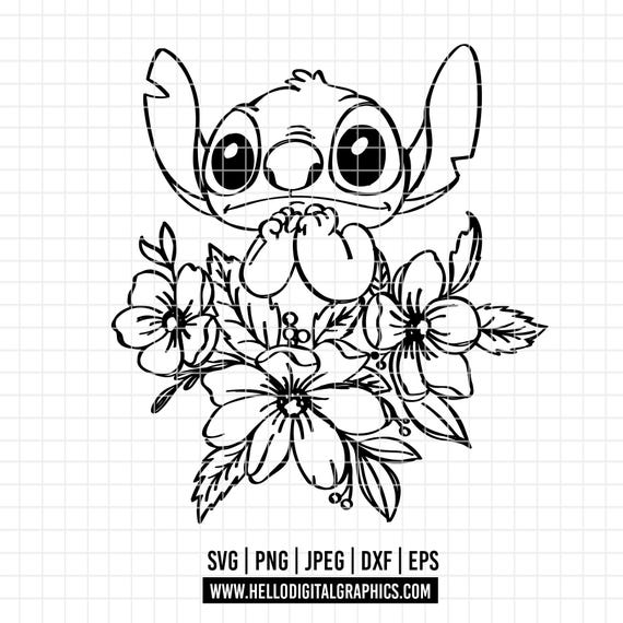 3103 - スティッチの花 SVG、EPS、PNG - リロ＆スティッチの線画
