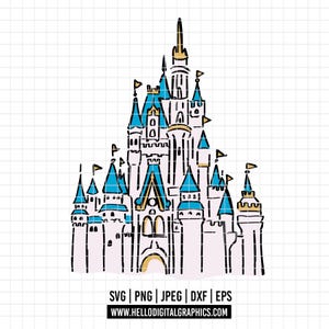 Pode incluir: Ilustração vetorial de um castelo de conto de fadas com torres azuis e detalhes dourados. O castelo é desenhado com contornos pretos e preenchido com rosa claro e branco. A imagem inclui os tipos de arquivo SVG, PNG, JPEG, DXF e EPS, juntamente com um endereço web.