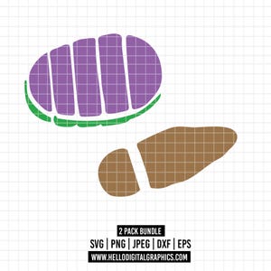 May include: Two digital illustrations on a white background. One is a purple and green oval shape, and the other is a brown footprint. The text "2 PACK BUNDLE" is below the illustrations, along with file type options and a website address.