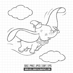 Peut inclure: Dessin au trait noir et blanc de Dumbo l'éléphant volant, tenant une plume dans sa trompe. Deux nuages sont en arrière-plan. L'image comprend les types de fichiers SVG, PNG, JPEG, DXF et EPS, ainsi qu'une adresse de site Web.
