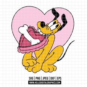 May include: A cartoon illustration of Pluto, a yellow dog, holding a pink heart-shaped object with a white bone. Pluto is smiling with a pink heart background. The image includes file type information and a website address.