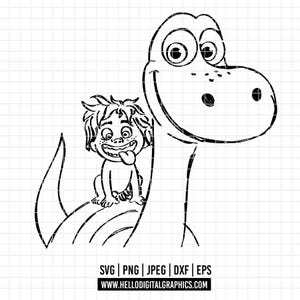 May include: A black and white cartoon illustration of a dinosaur and a boy. The boy is sitting on the dinosaur's back, sticking out his tongue. The image includes file type options and a website address at the bottom.