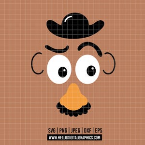 Könnte beinhalten: Cartoon-Illustration eines Gesichts mit schwarzem Cowboyhut, Augenbrauen, Augen, Ohren, Nase und Schnurrbart. Das Gesicht befindet sich vor einem braunen Gitterhintergrund. Der Text "SVG | PNG | JPEG | DXF | EPS" und "WWW.HELLODIGITALGRAPHICS.COM" ist enthalten.