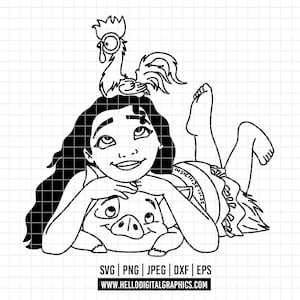 Könnte beinhalten: Schwarz-Weiß-Linienkunst-Illustration einer liegenden, lächelnden und nach oben blickenden Zeichentrickfigur. Ein Schwein befindet sich vor der Figur und ein Hahn auf ihrem Kopf. Das Bild enthält den Text "SVG | PNG | JPEG | DXF | EPS" und "WWW.HELLODIGITALGRAPHICS.COM".
