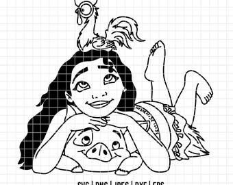 4066 - Moana, Hei Hei and Pua pig playing SVG, PNG, EPS, Dxf, Jpeg, - Disneyy Princess Moana characters clipart dtf
