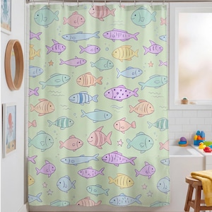 Pastel Fish Pattern Shower Curtain Nautical Kids Bathroom Ocean Nursery Decor