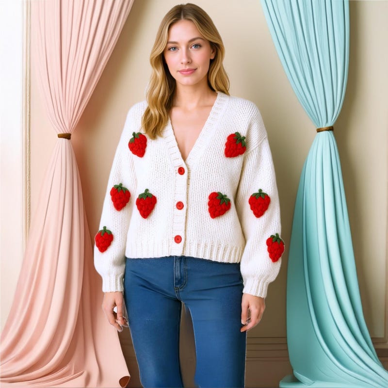 Strawberry Embroidered Cardigan Ivory