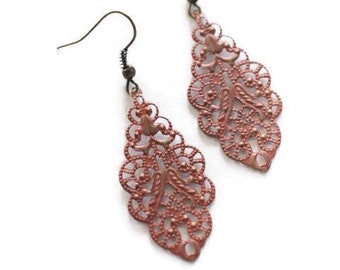 Chandelier Earrings - Dainty Lightweight Filigree Earrings - Hand Painted and Aged