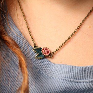 Dainty Rose Charm Necklace on Split Chain Hand Painted Flamingo/Peacock