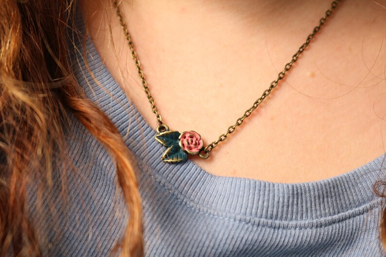 Dainty Rose Charm Necklace on Split Chain Hand Painted Flamingo/Peacock