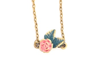 Dainty Rose Charm Necklace on Split Chain - Hand Painted