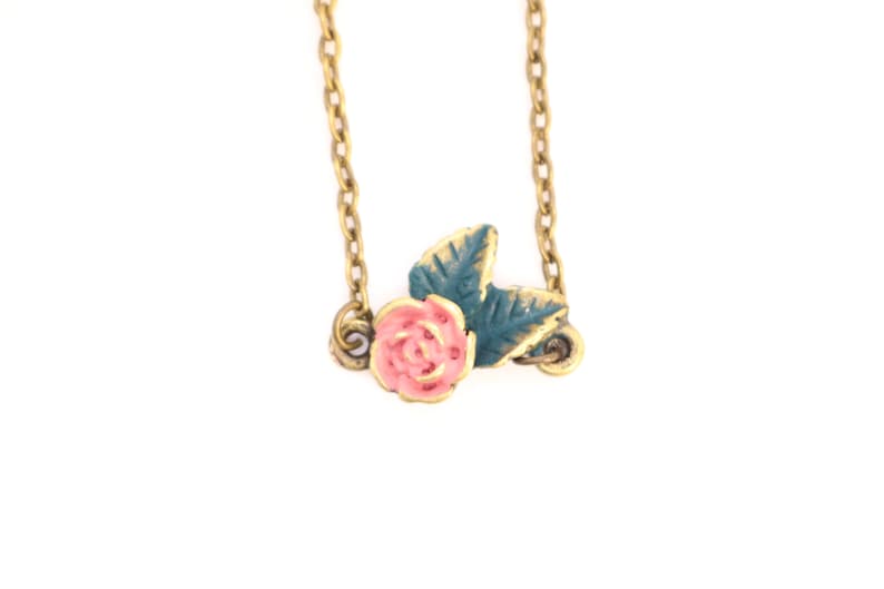 Dainty Rose Charm Necklace on Split Chain Hand Painted image 1