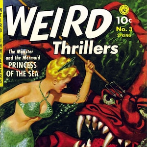 Weird Thrillers No. 3 Comic Book Mermaids and Monsters Cartão de Nota em Branco Vintage Aniversário Obrigado
