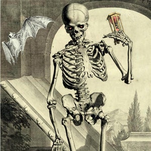 Könnte beinhalten: Ein Skelett hält eine Sanduhr mit roten Augen, eine Fledermaus fliegt im Hintergrund und eine Spinne auf dem Boden. Der Text "IT'S TIME FOR TRICKS AND TREATS!" befindet sich am unteren Rand des Bildes.