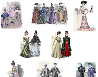 May include: A collection of 10 vintage fashion plates from the 1890s, featuring men and women in various styles of clothing. The plates are printed in black and white and have a hand-drawn aesthetic. The text on the plates reads "1890's Fashion Plate Collection #3 copyright RTFX 2021 www.etsy.com/shop/RTFX 1 each of 10 designs".