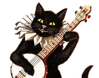 Banjo Cat Celebrating Vintage Image Holiday Blank Note Card Birthday Thank You