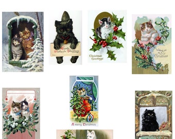 Vintage Holiday Kitties boxed Set of  blank or Personalized Cards Handmade 10 cards Christmas Holiday Thank You