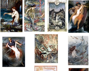 Vintage Mermaids and Mermen Blank Cards Mythic Romantic Fantasy 10 Card Set Handmade Birthday Thank You