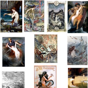 Cartes vierges vintage sirènes et sirènes fantastiques romantiques mythiques, ensemble de 10 cartes d'anniversaire fait main, merci