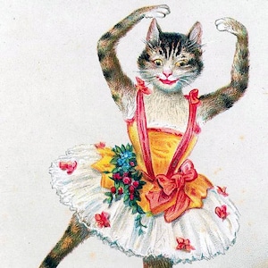 Cartão de nota de imagem vintage de gatinho dançante feito à mão, aniversário, dança, recital, formatura, amantes de gatos, obrigado