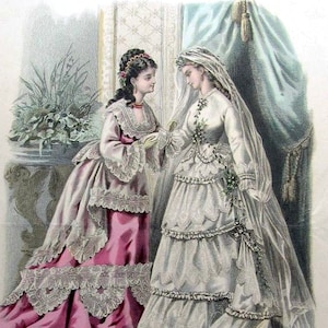 Beautiful 1870&#39;s High Waist Bustle  Bridal Gown What the Bride Wore Blank Note Card  Fashion Wedding Birthday Thank You