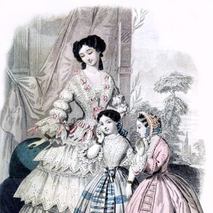 Jaren 1850 mode bord vintage illustratie blanco notitiekaart Victoriaans handgemaakt bedankje verjaardag Feestdag