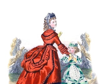 May include: A woman in a red dress with black trim and a white bonnet stands with a young girl in a green and white dress. The woman is holding the girl's hand and looking at something off to the side. The girl is looking at the woman.