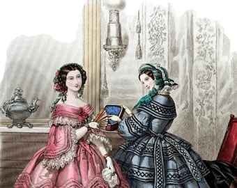 May include: Two women in 19th-century fashion, one in a pink dress with lace trim and the other in a blue dress with black trim. The woman in pink is holding a fan and a small white handkerchief. The woman in blue is holding a small blue box.