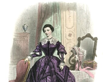 May include: A woman in a purple dress with a white lace collar stands in a room with a chair and a table. The dress has a fitted bodice and a full skirt. The woman is wearing her hair up and has a serious expression on her face.