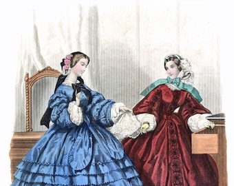 May include: Two women in 19th-century fashion. The woman on the left wears a blue dress with multiple layers and a white lace trim. The woman on the right wears a red dress with a green shawl and white lace trim. Both women have elaborate hairstyles.