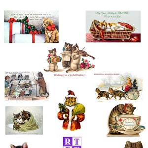 Coleção Vintage Holiday Kitties #2 Conjunto de imagens vintage em caixa com cartões em branco ou personalizados, 10 cartões feitos à mão, agradecimentos de Natal e feriados