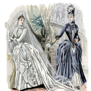 Belle robe de mariée mouvementée des années 1880 Ce que la mariée portait Carte de mode vierge Mariage Merci anniversaire