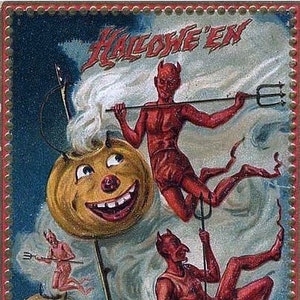 Tarjeta de notas en blanco vintage de demonios danzantes espeluznantes de Halloween hecha a mano