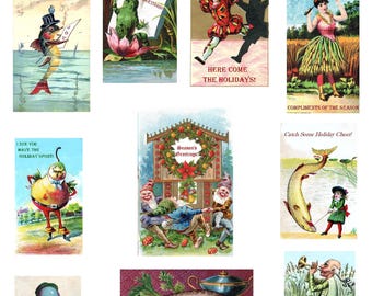 Odd Victorian Holiday Cards #11 Handmade Vintage Images Set of 10 Christmas Thank You Ho Ho Ho Happy Holidays