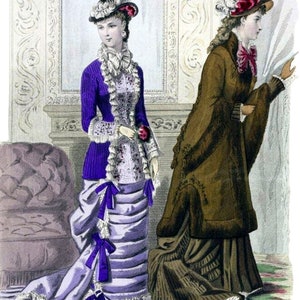 May include: Two women in fashionable attire from the late 1800s. The woman on the left wears a purple and white dress with a white hat and a purple bow. The woman on the right wears a brown coat with a white hat and a red bow.
