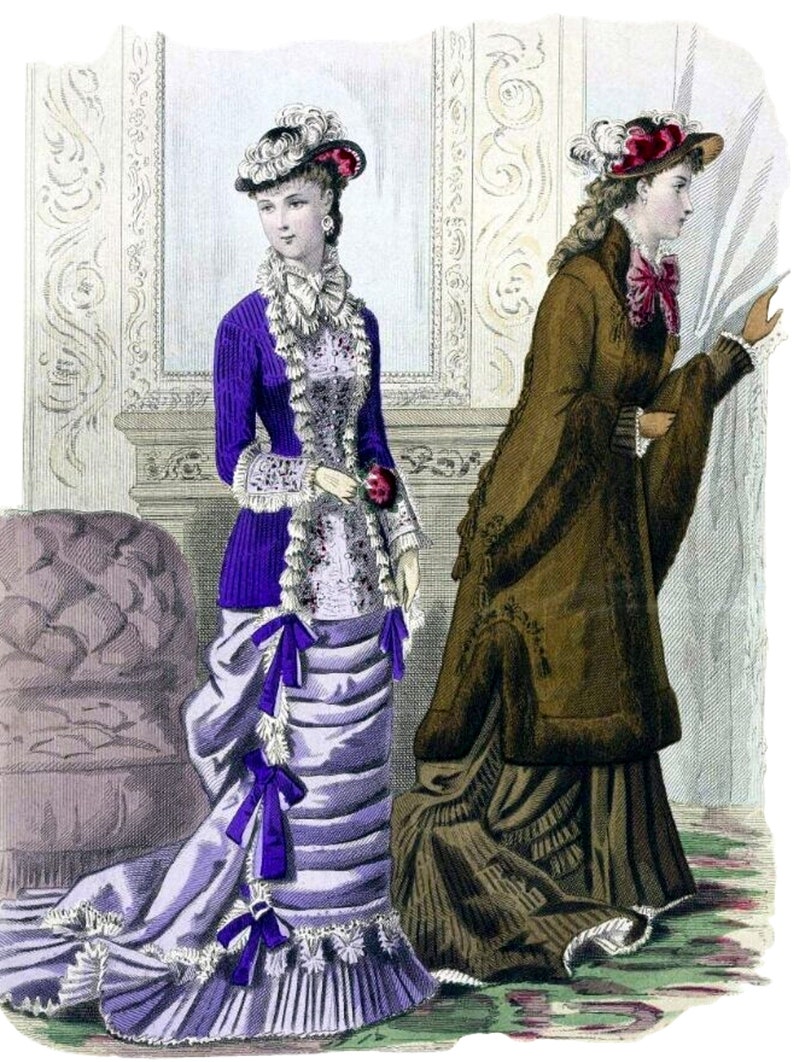 May include: Two women in fashionable attire from the late 1800s. The woman on the left wears a purple and white dress with a white hat and a purple bow. The woman on the right wears a brown coat with a white hat and a red bow.