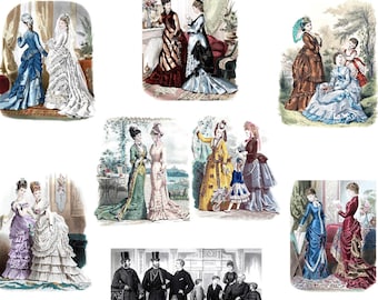 May include: A collage of vintage fashion illustrations featuring women in elaborate dresses and men in formal attire. The images showcase various styles, including ball gowns, day dresses, and suits, with detailed depictions of fabric and accessories.