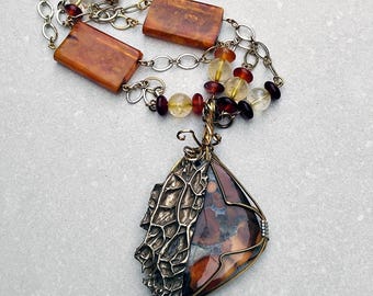 One-Of-a-Kind Jasper Amber and PMC Wire Wrapped Necklace.